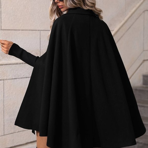 Black Preppy Womens Double Breasted Cloak Sleeve Cape Overcoat - Picture 3 of 7